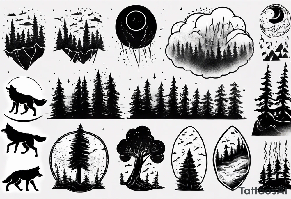 lightning storm over a forest with a distant wolf howling tattoo idea lightning storm over a forest with a distant wolf howling tattoo idea