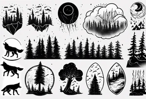 lightning storm over a forest with a distant wolf howling tattoo idea