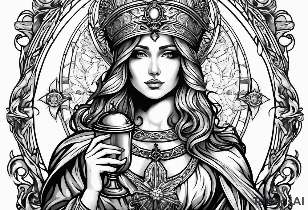 holy saint woman with halo holding a chalice with artillery tattoo idea