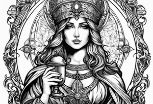 holy saint woman with halo holding a chalice with artillery tattoo idea