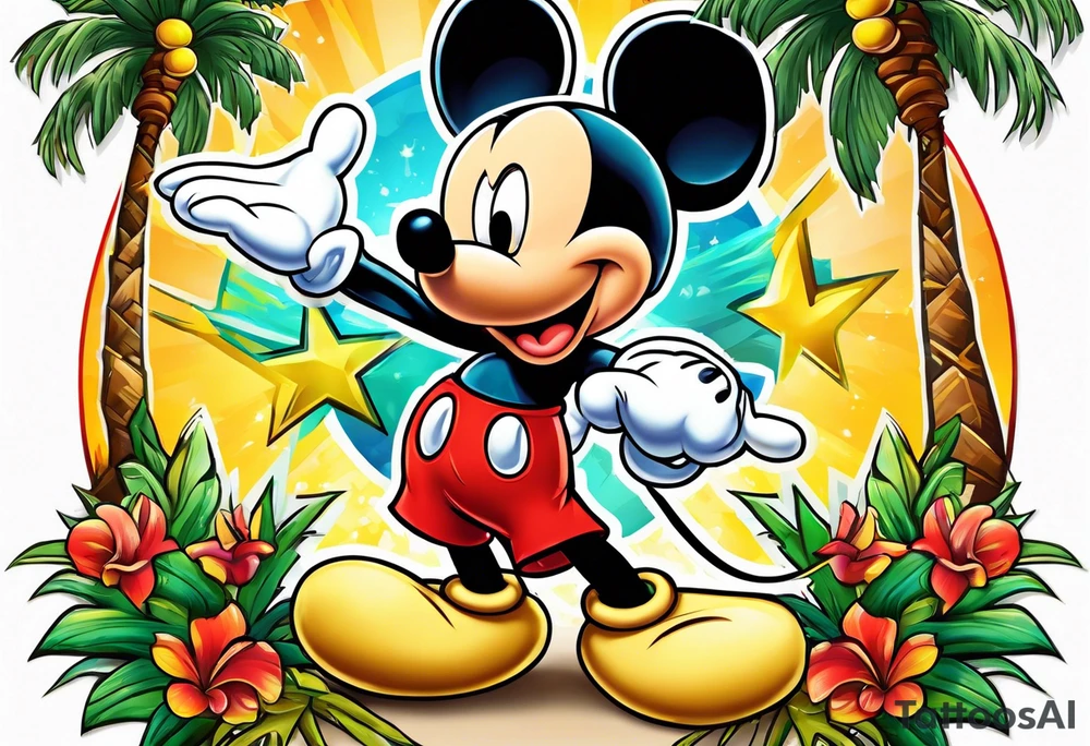 mickey mouse holding lightning with palm trees doing martial arts tattoo idea