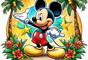 mickey mouse holding lightning with palm trees doing martial arts tattoo idea