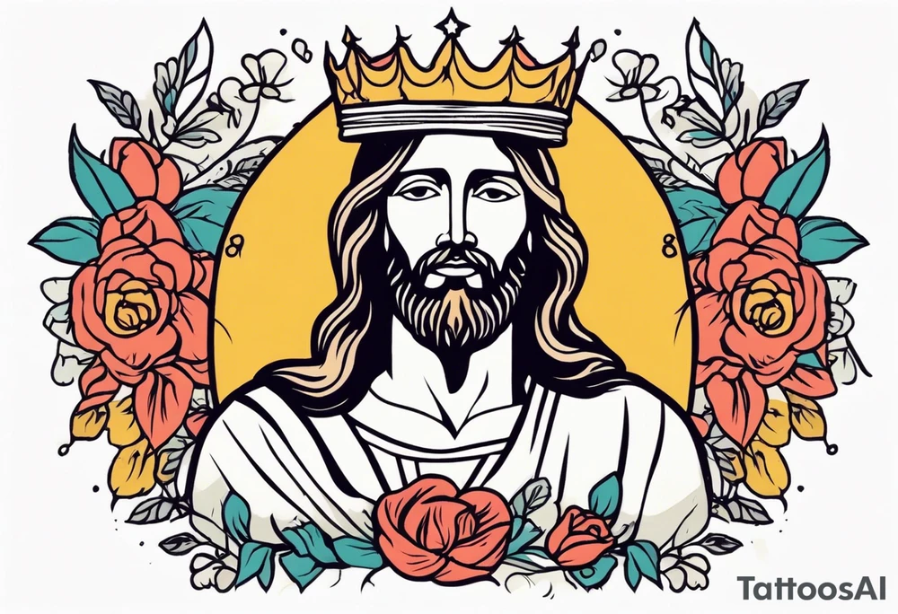 jesus with crown

old school vintage simple traditional design with vintage flowers surrounding
bold color simple tattoo idea