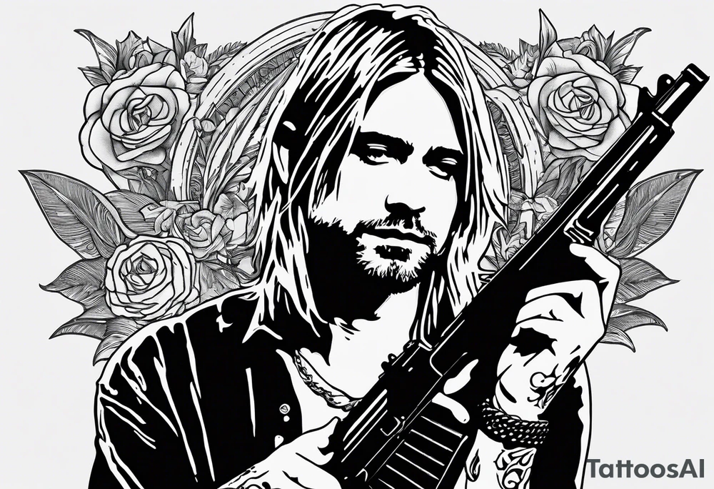 Kurt Cobain, slipping on a banana pill with a heroin needle in his arm, and a shotgun in the other arm tattoo idea