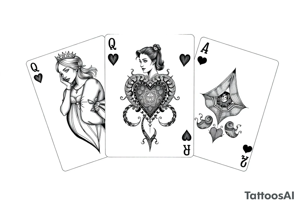 3 playing cards a Queen of heart, 2 of hearts and a 4 of hearts tattoo idea
