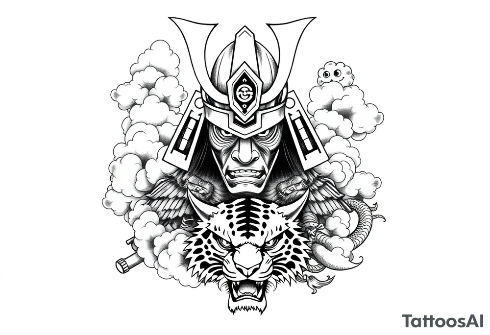 samurai warrior wearing a helmet. Some clouds around, with a tiger’s head beneath, and a samurai sword. This should be a good tattoo for forearm. Add a dragon going around them tattoo idea