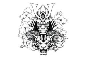 samurai warrior wearing a helmet. Some clouds around, with a tiger’s head beneath, and a samurai sword. This should be a good tattoo for forearm. Add a dragon going around them tattoo idea