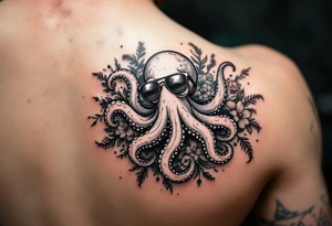 cute octopus, wearing sunglasses, friendly , surrounded by floral ornaments and oceanic items tattoo idea