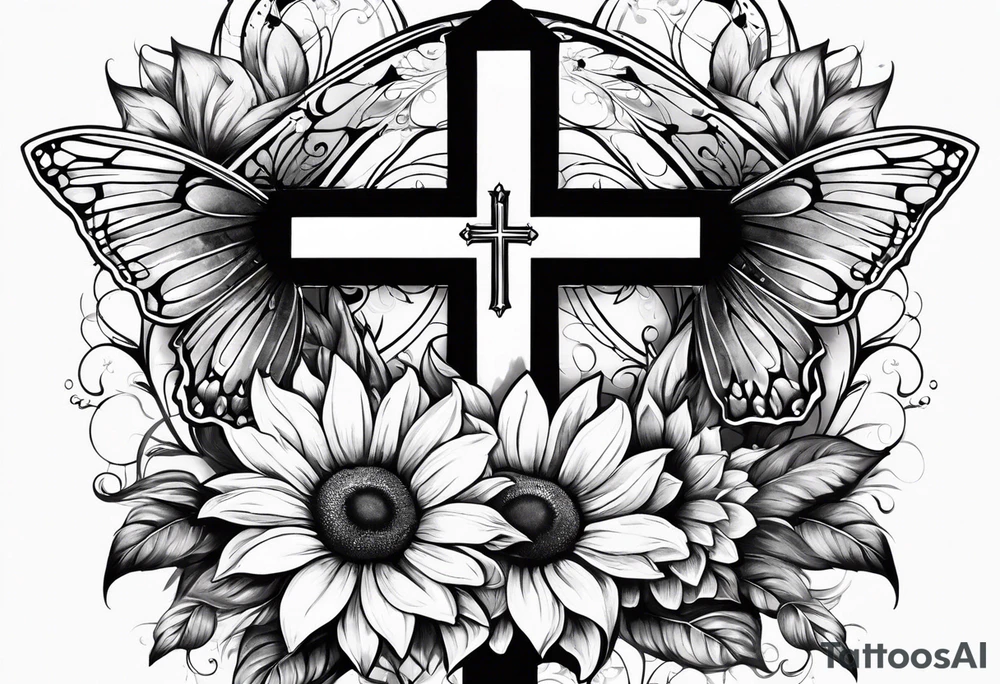 Winged cross with sunflower flowers and butterflies calf sleeve tattoo idea
