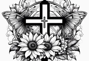 Winged cross with sunflower flowers and butterflies calf sleeve tattoo idea