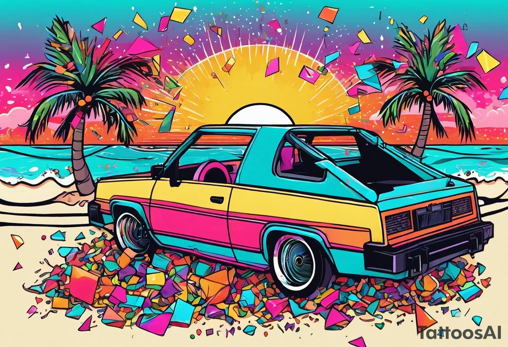 1980's style dance party with boom box and confetti in a beach theme. include people in 80's miami beach clothes, music note. tattoo idea