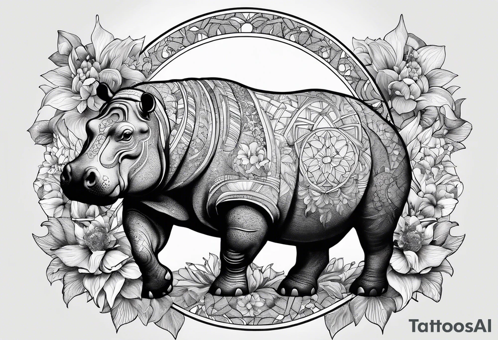 Hippo, flowers, moon, interstella, 
fine lines, tribal, geometric tattoo idea