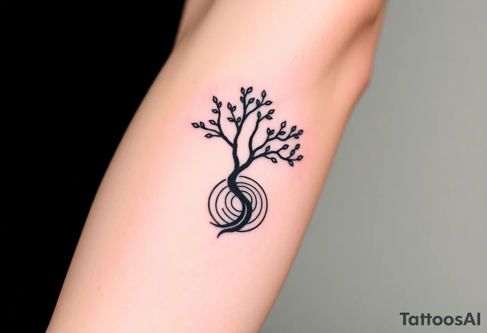Tree with few leaves, with a SPIRAL line starting from the left side of tree and spiraling outward in a clockwise direction tattoo idea