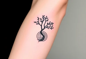 Tree with few leaves, with a SPIRAL line starting from the left side of tree and spiraling outward in a clockwise direction tattoo idea