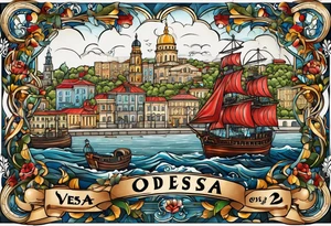 This tattoo depicts the city of Odesa. The main symbols of this city are a ship's wheel, a lighthouse, the Potemkin Stairs, the sea, the Opera House, and the cozy small streets. tattoo idea