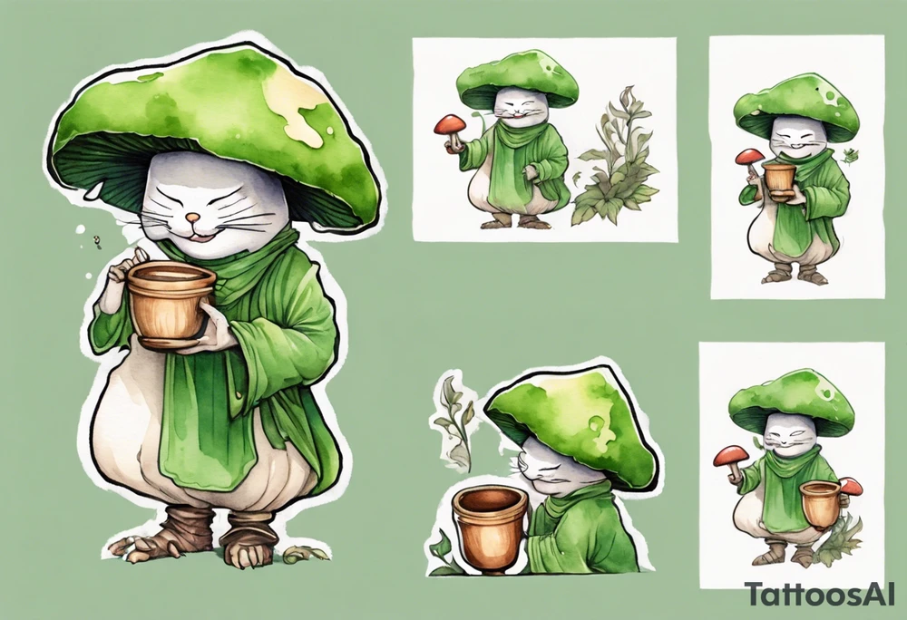 a mushroom person with a green cat face with a mushroom hat wearing a medieval tunic drinking from a wood cup, laughing tattoo idea