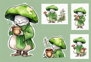 a mushroom person with a green cat face with a mushroom hat wearing a medieval tunic drinking from a wood cup, laughing tattoo idea