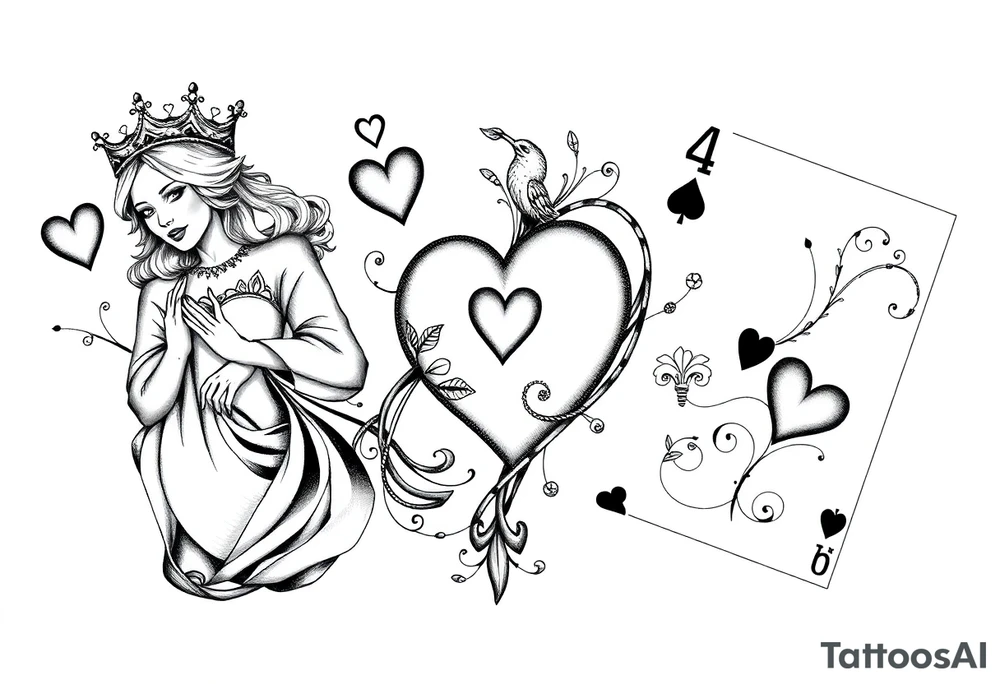 Queen of hearts, 2 of hearts and 4 of hearts playing card tattoo idea