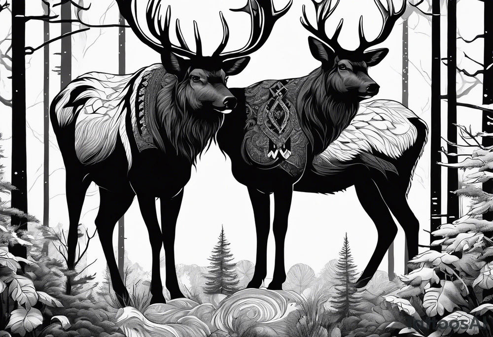 Make a tattoo of two norwegian elkounds standing in a forest. Make it a nordic themed tattoo tattoo idea