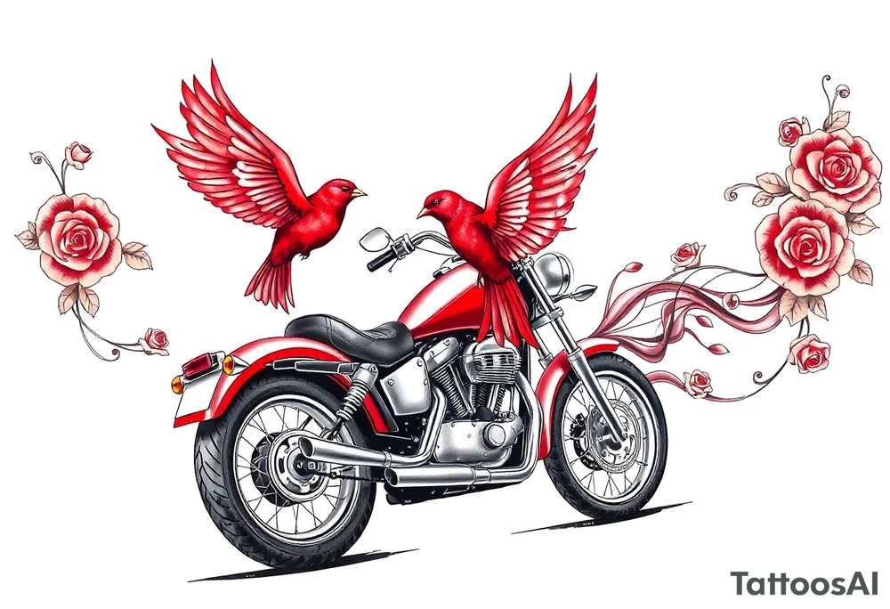 Motorcycle driving away, two red birds flying, roses and lace, flames tattoo idea