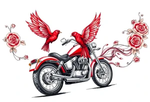 Motorcycle driving away, two red birds flying, roses and lace, flames tattoo idea