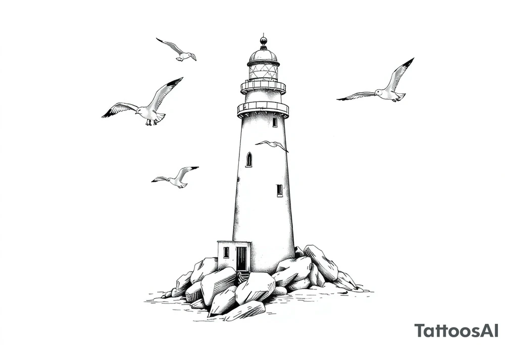 Lighthouse in the sea around flying seagulls tattoo idea