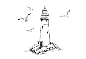Lighthouse in the sea around flying seagulls tattoo idea