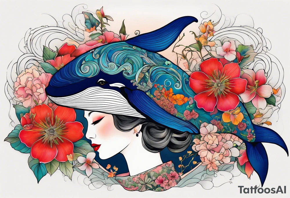 Surreal, whale, hummingbird, lady face, flowers, bold color, collage tattoo idea