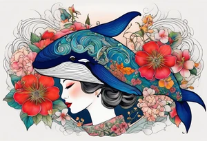 Surreal, whale, hummingbird, lady face, flowers, bold color, collage tattoo idea