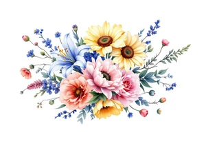 Small watercolour style bunch of wild flowers including lillium orientalis, sunflowers, poppies and peonies to be placed on forearm. Use the watercolour style with no outline on the florals. tattoo idea