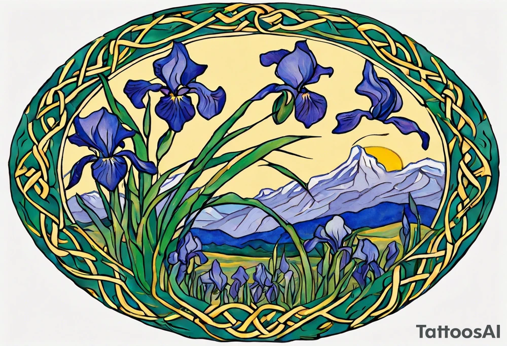 Create a small, thick, colorful Vincent van Gogh Irises tattoo, with vines in Celtic knots gracefully intertwining at a central point in the middle of the wreath. Inside the tattoo is mountains. The intended placement is on the upper chest. The overall design should be small in size while maintaining a delicate and artistic aesthetic. Pay attention to the graceful flow of the vines and the placement of the irises to achieve a refined and elegant look. tattoo idea