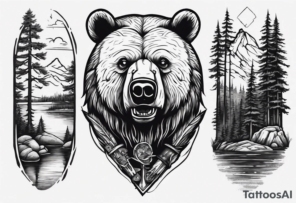 bear head right above the forest line with a lake below, full arm sleeve tattoo tattoo idea