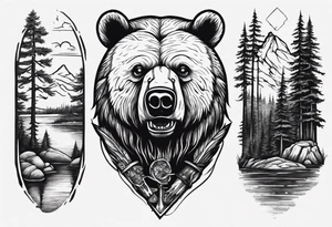 bear head right above the forest line with a lake below, full arm sleeve tattoo tattoo idea