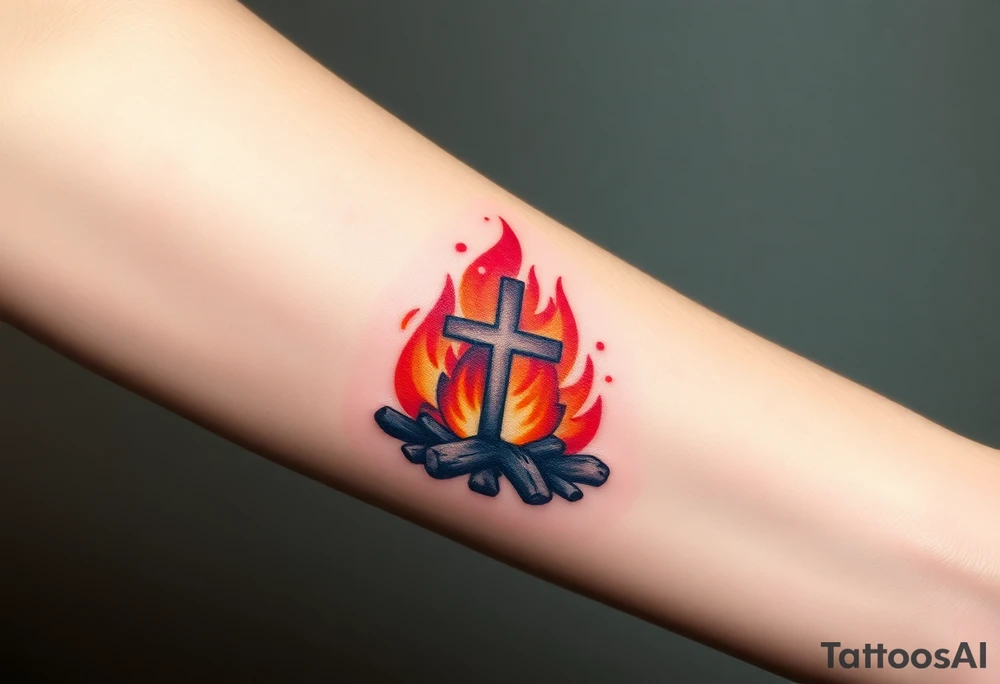 Campfire with a cross hidden in the flames tattoo idea