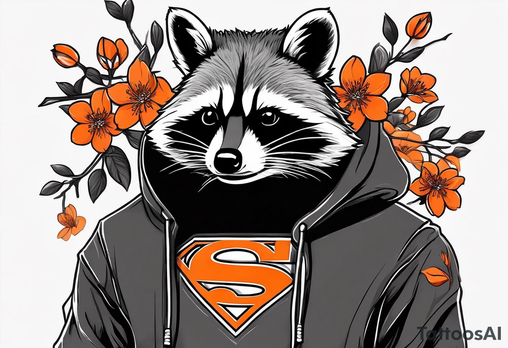 Raccoon wearing a white Superman logo on a black hoodie and orange Japanese cherry blossoms tattoo idea
