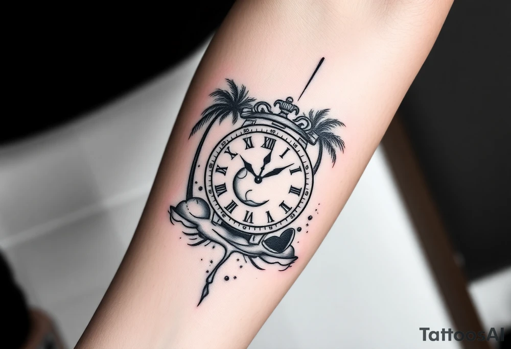 Hazme un tatuaje en el antebrazo que tenga un fondo de playa con palmeras le siga un reloj rompiéndose con un balón de fútbol con relieve con una corona y que encima del tatuaje ponga el tiempo De Dios es perfecto con una fuente en cursiva y negrita  que ocupe todo el antebrazo tattoo idea