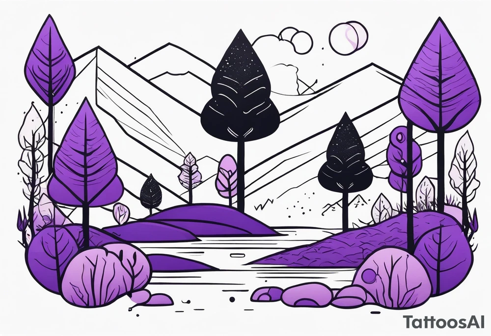 forest, lineswork, purple and black, on hand tattoo idea