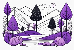 forest, lineswork, purple and black, on hand tattoo idea