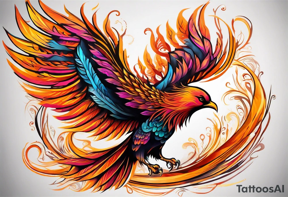 Surreal Tattoo: A powerful, majestic phoenix, depicted mid-flight or rising, with wings extended and feathers flowing. Deep shading and intricate details to bring out the texture and motion of the feathers. Style: Surrealism. tattoo idea