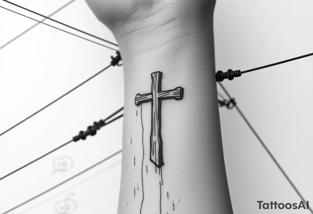 a wooden 12kv distribution pole with electrical lines. Make the pole a cross that has a hidden resemblance to god. tattoo idea
