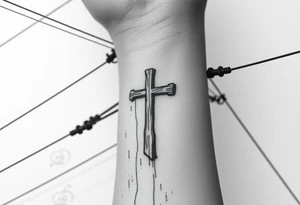 a wooden 12kv distribution pole with electrical lines. Make the pole a cross that has a hidden resemblance to god. tattoo idea