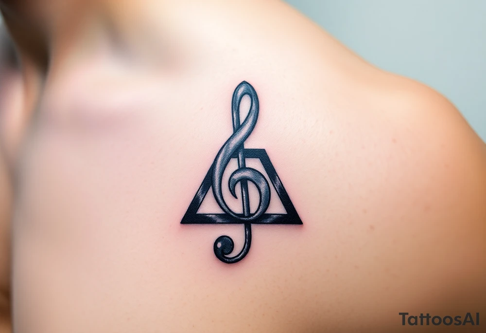 A treble clef composed of interlocking triangles, with deep blues, purples, and silver lines, symbolizing the complexity of music. tattoo idea