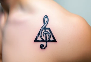 A treble clef composed of interlocking triangles, with deep blues, purples, and silver lines, symbolizing the complexity of music. tattoo idea