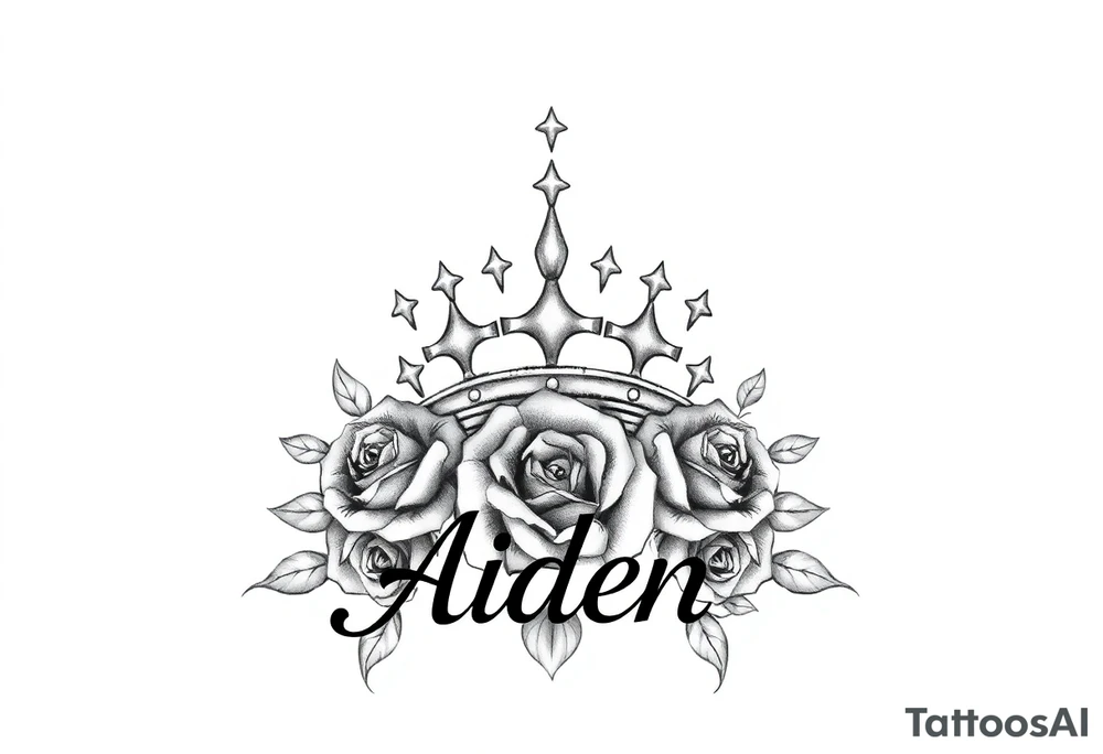 Small size Kings crown above the name Aiden and roses tattoo idea