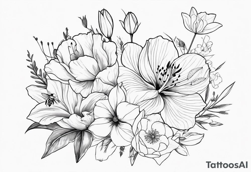 Verticle arm placement of dainty hibiscus, TULIPS, LILLIES, DRAGONflower, with wildflowers, poppy, bees, peony, forearm tattoo idea