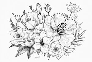 Verticle arm placement of dainty hibiscus, TULIPS, LILLIES, DRAGONflower, with wildflowers, poppy, bees, peony, forearm tattoo idea