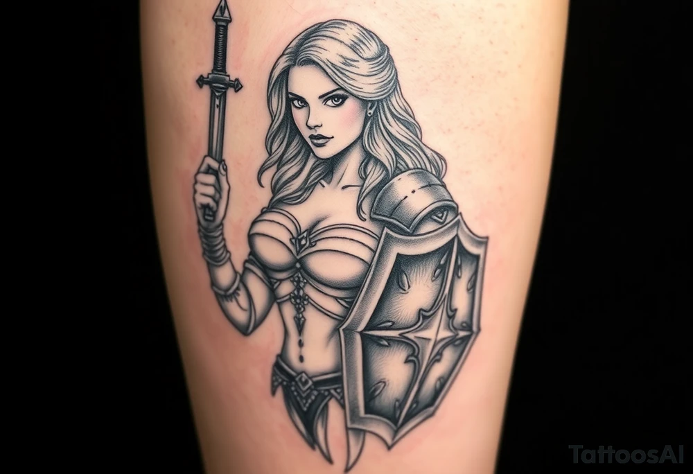 blonde valkyrie with sword and shield -- location calf -- image should show entire body of the valkyrie -- she should have large breasts and beautiful yet tough -- full color, realistic, should have breast armor, less cartoony more realistic, should show her entire body tattoo idea