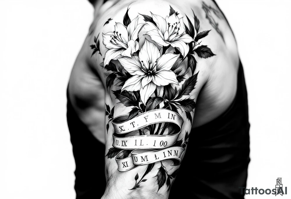 narcissus flowers and holly with 2 bands with roman numerals around them tattoo idea