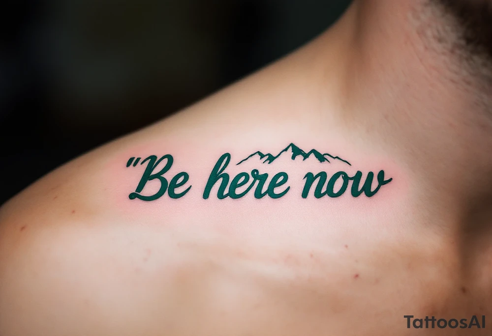 “Be here now” in deep forest green sans serif, with mountain outlines in cool slate. tattoo idea