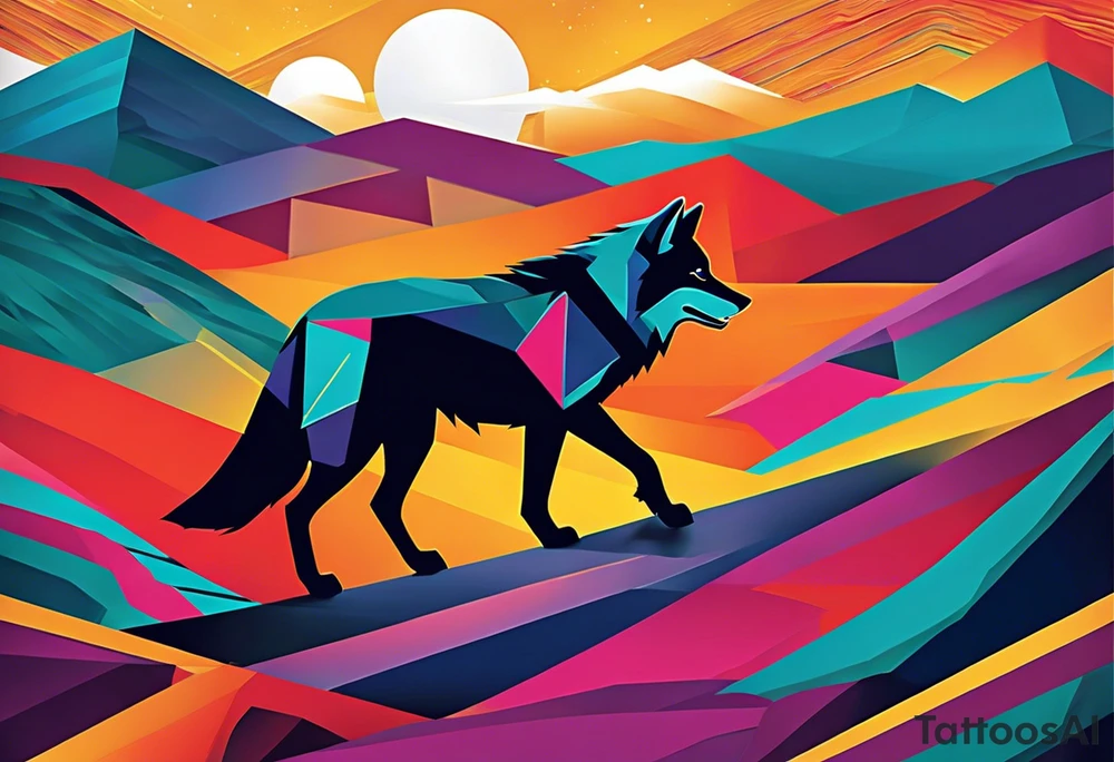 lone wolf traversing a geometric landscape, with sharp lines and vibrant colors symbolizing life's challenges. The wolf's determined gaze reflects resilience and strength, while abstract elements around it represent obstacles overcome. The phrase "Conquer the Journey" in bold, contemporary lettering completes the design, capturing the essence of overcoming life's battles with modern flair. tattoo idea